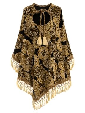 Vintage 70s Reversible Fringe Poncho Floral Tassel Black Gold
